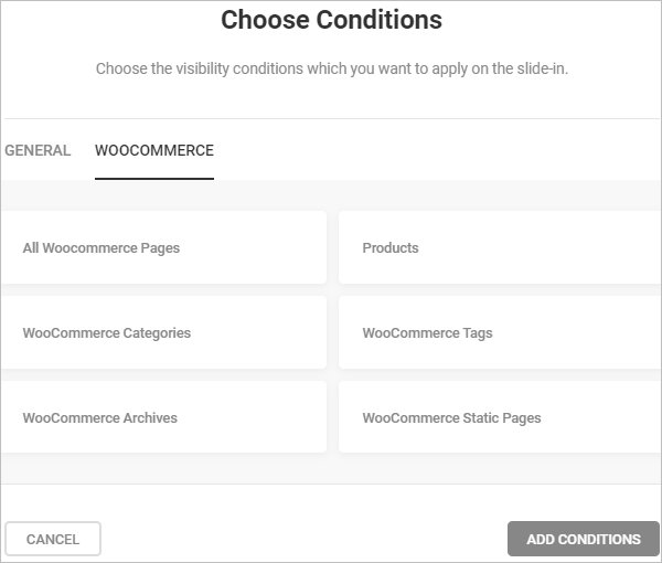 WooCommerce visibility conditions for slideins
