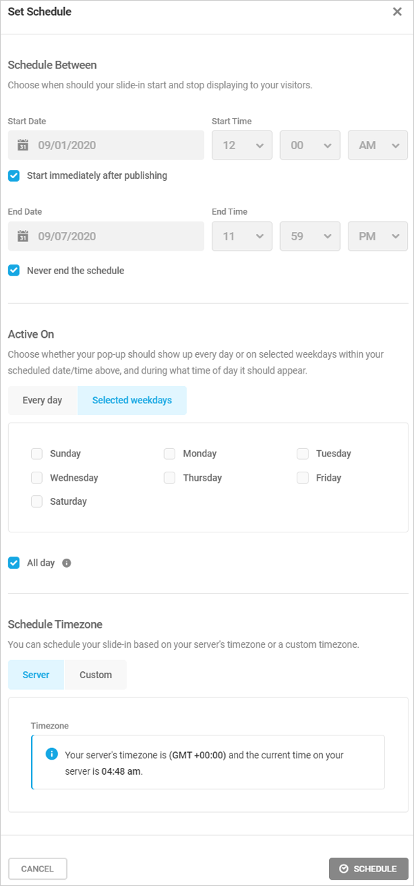 Hustle Behavior Scheduling settings.