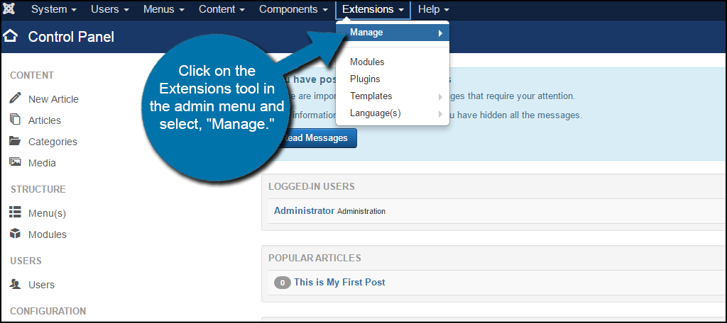 Joomla Manage Extensions