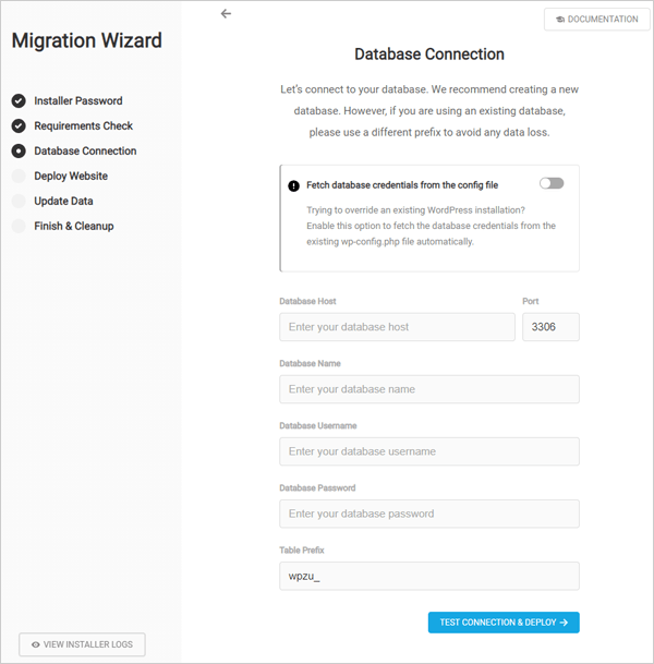 Package Migration Wizard screen.