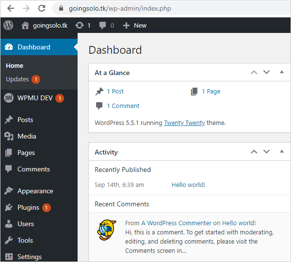 New WordPress install dashboard.