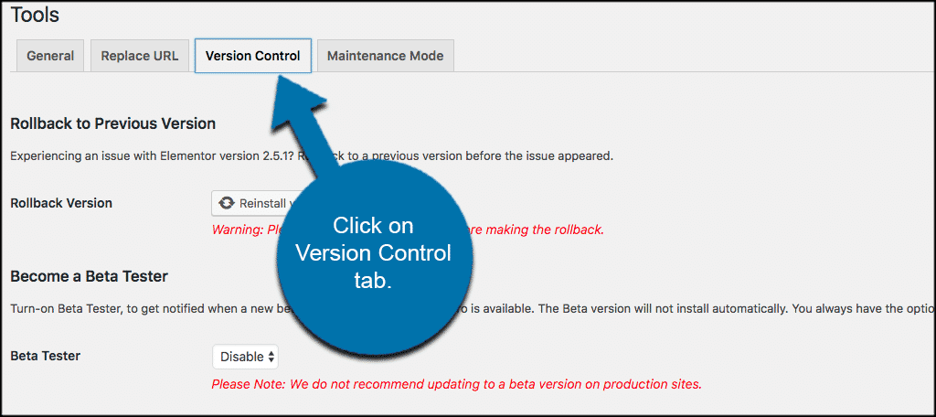 Click on the elementor version control tab