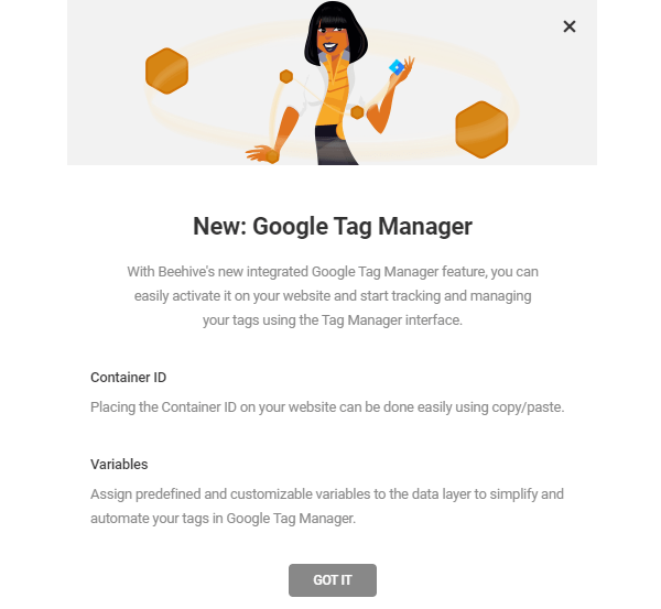 Screenshot of Beehive's Google Tag Manager announcement stating that you can use the container ID on your site and set variables.