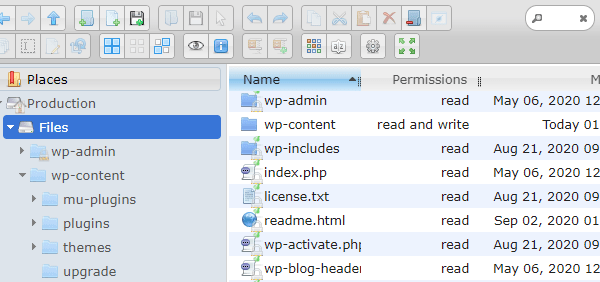 Screenshot of the new file manager showing all of WordPress' core files.