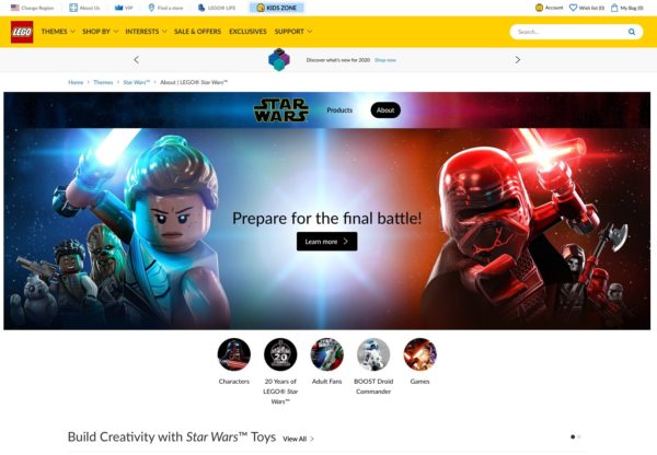 an example of a Star Wars theme-based category page on the lego website