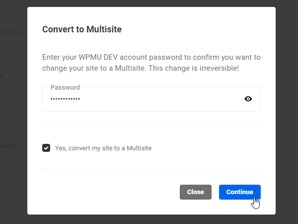 Convert to Multisite- Password confirmation screen.