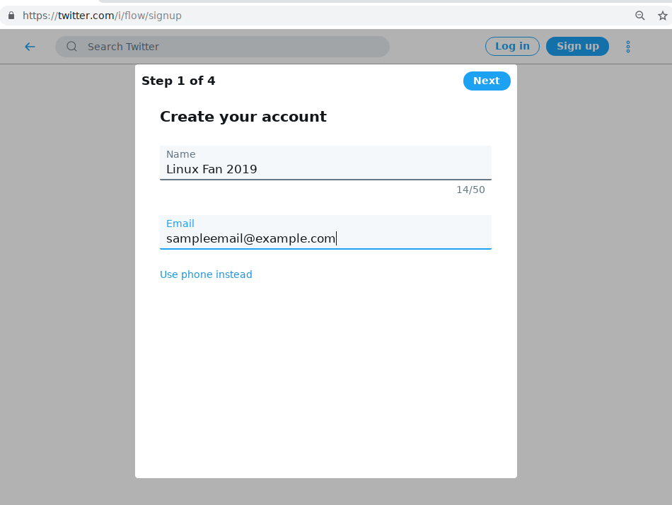 Twitter's sign up step 1 of 4