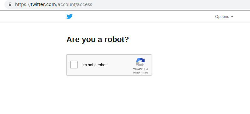 Twitter recaptcha challenge. Check I'm not a robot.