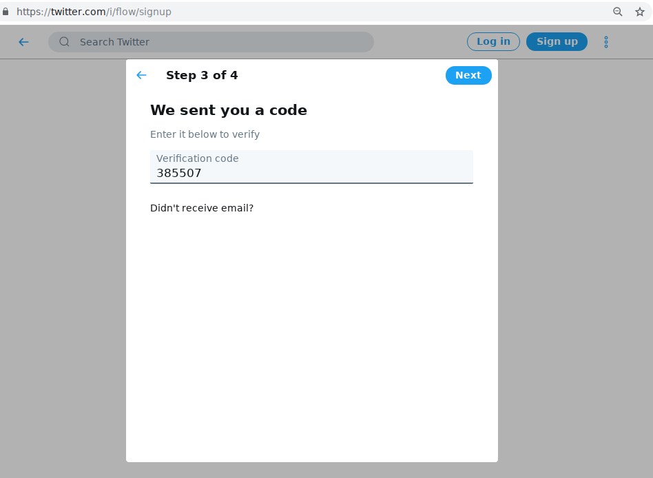 Entering Twitter verification code.