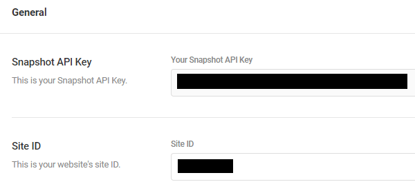 Screenshot of the settings menu showing the snapshot API key and site ID, which are both blanked out.