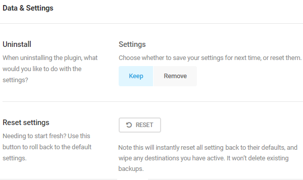 Screenshot of the data and settings section where you can reset all settings or choose to remove settings upon uninstall.