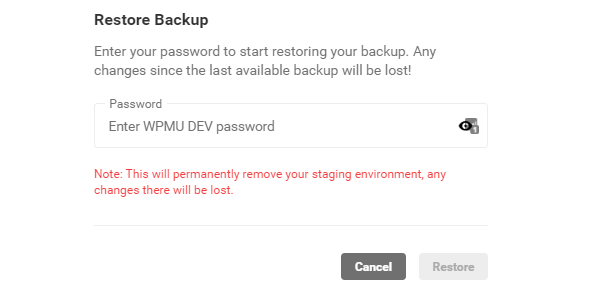 Screenshot of the warning message which states your staging will be deleted if you restore to your hosting backup.