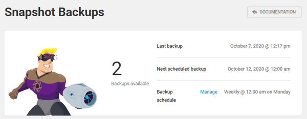 Screenshot of snapshot's dashboard showing 2 backups available.