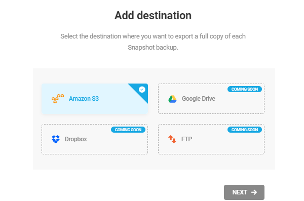 Screenshot of the destinations showing Amazon S3 as the only one available currently.