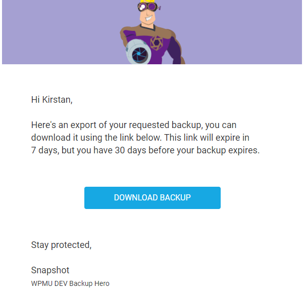 Screenshot of the email you receive with a link to download your backup.