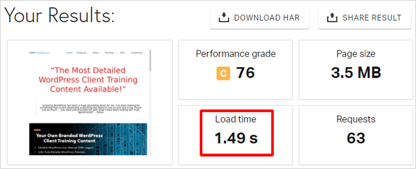 WordPress speed test results - Pingdom tools