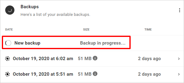 The Hub: Backups tab - Backups in Progress.