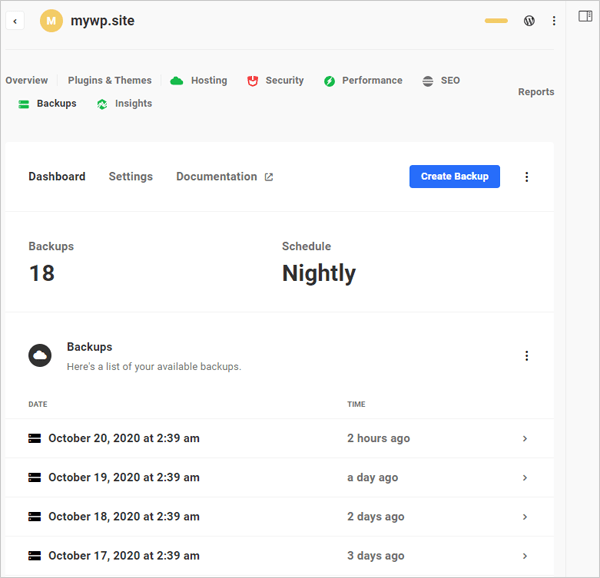 The Hub - Backups tab: WPMU DEV hosted backups dashboard