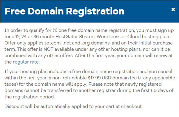 Free domain registration notice from Hostgator
