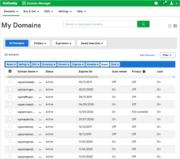 GoDaddy domain management console.