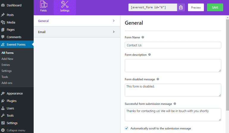 Change General Contact Form Settings