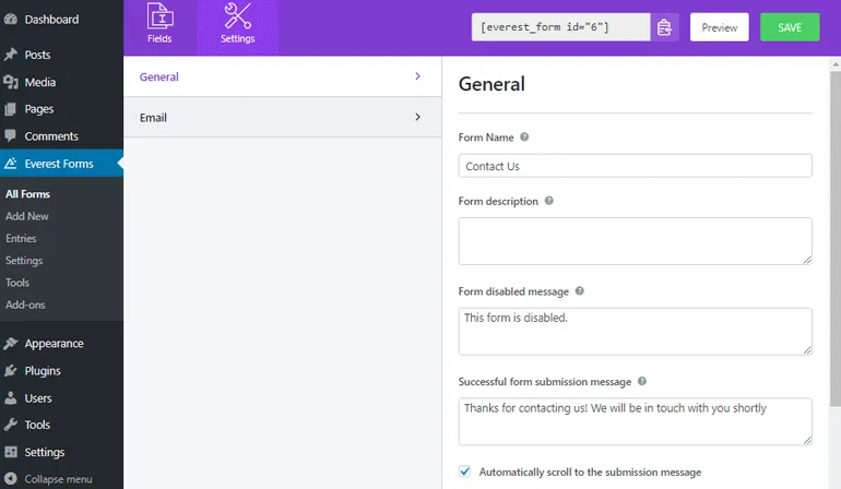 Change General Contact Form Settings