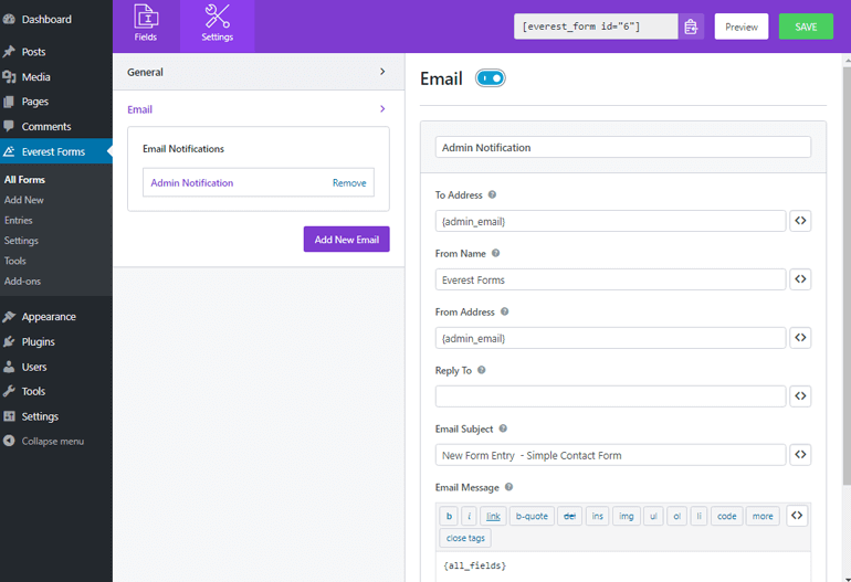 Email Settings in Everest Forms