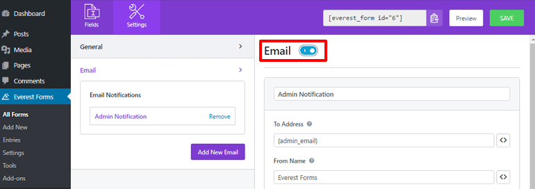 Toggle Email Notification in Everest Forms