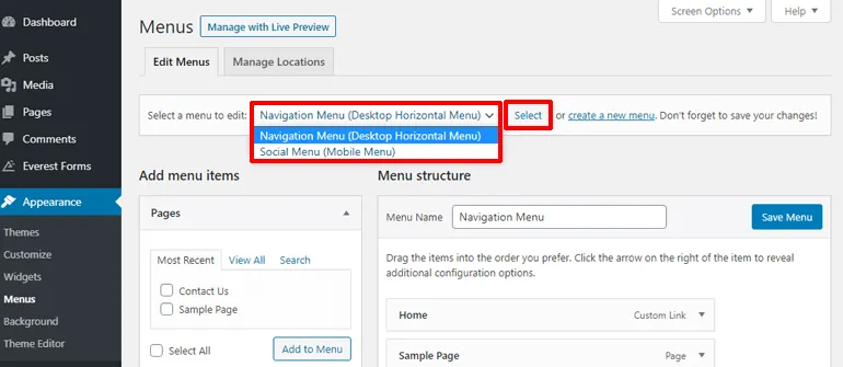 Selecting a Menu in WordPress