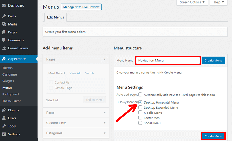 Create a New Menu in WordPress