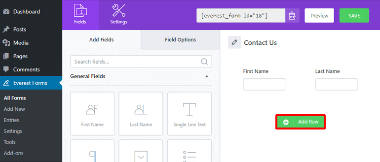 Add a New Row in Everest Forms