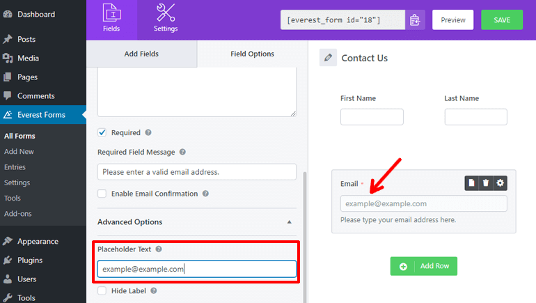 Placeholder Text in Everest Forms