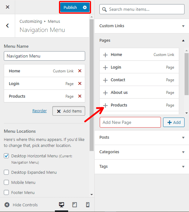 Publishing Menu in Live Preview how to add dropdown menu in WordPress