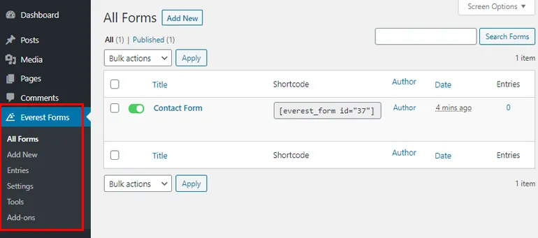 Everest Forms Menu in WordPress Dashboard