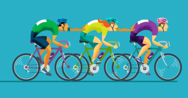 illustration of people cycling together and helping each other go faster