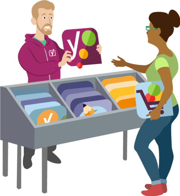 illustration of man handing a Yoast product to someone browsing the products