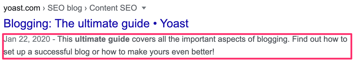 Example of meta description on yoast.com shown in the search results