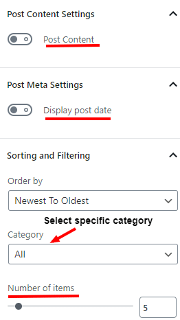 display options for posts block in WordPress page