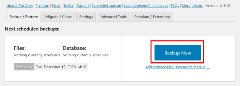 updraftplus backup now