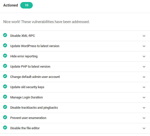 Screenshot of all the actioned vulnerabilities.