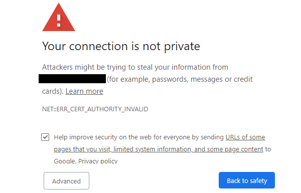 Screenshot showing the message you receive when you visit a page without an SSL certificate in Chrome. 