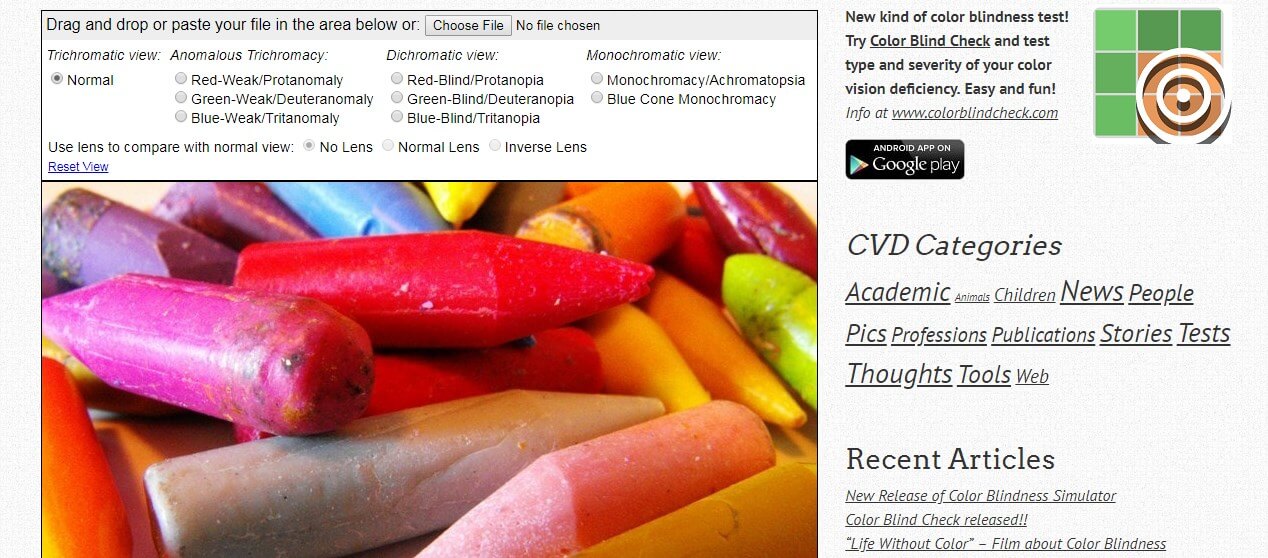 Coblis-color-blindness-simulator landing page