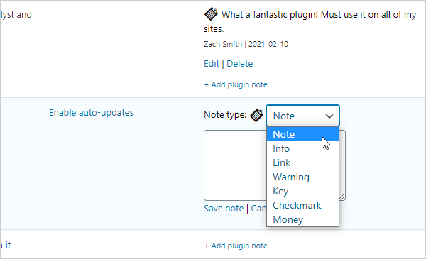 Plugin Notes Plus menu.