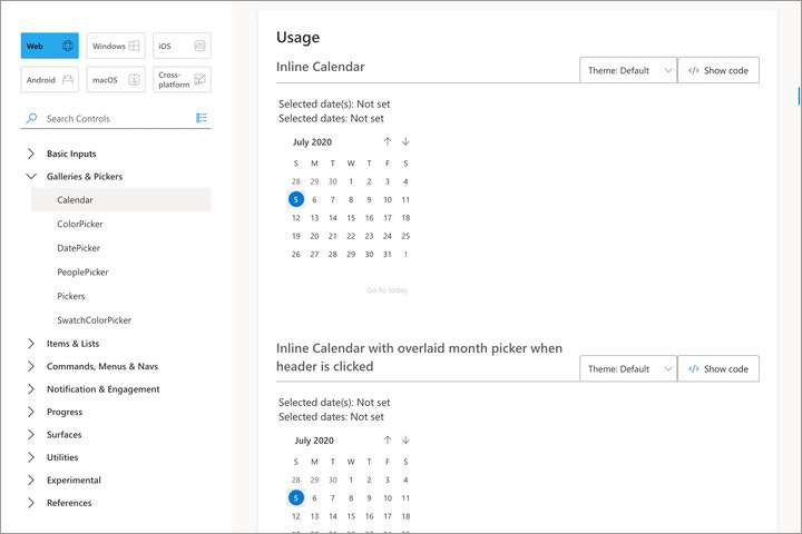 Fluent UI component of a calendar