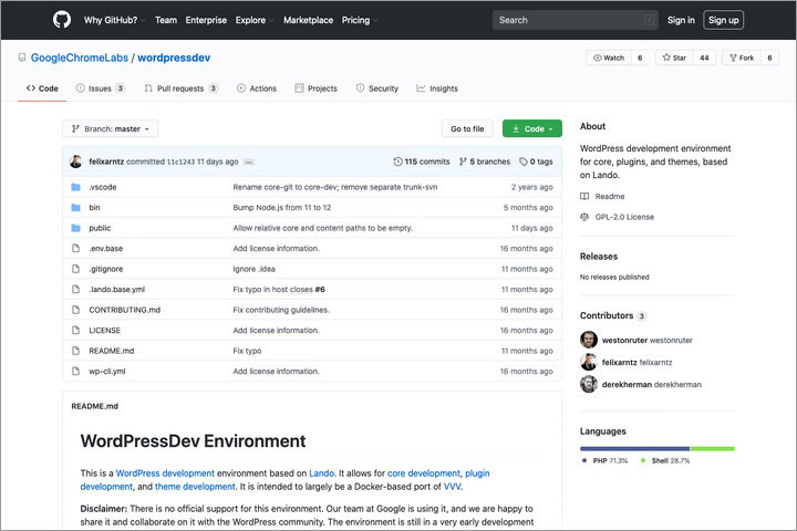 WordPress Lando Dev respository page on Github