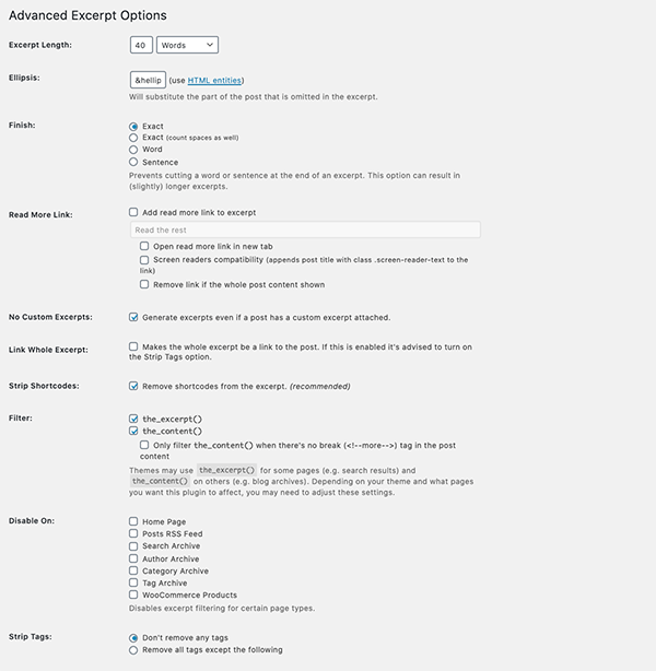 The Advanced Excerpt dashboard.