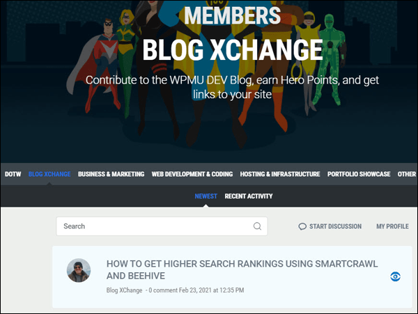 WPMU DEV - Blog XChange section with content added.