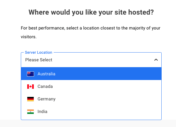 A screen where you can select your hosting location