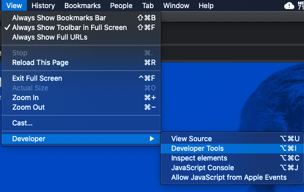A visual showing how to navigate to DevTools