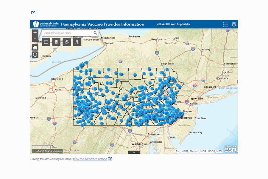 Pennsylvania COVID-19 vaccine location map.